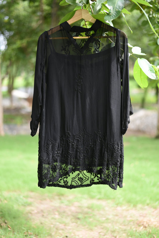 SIYYAH - Hand Embroidered Black Chiffon Shirt