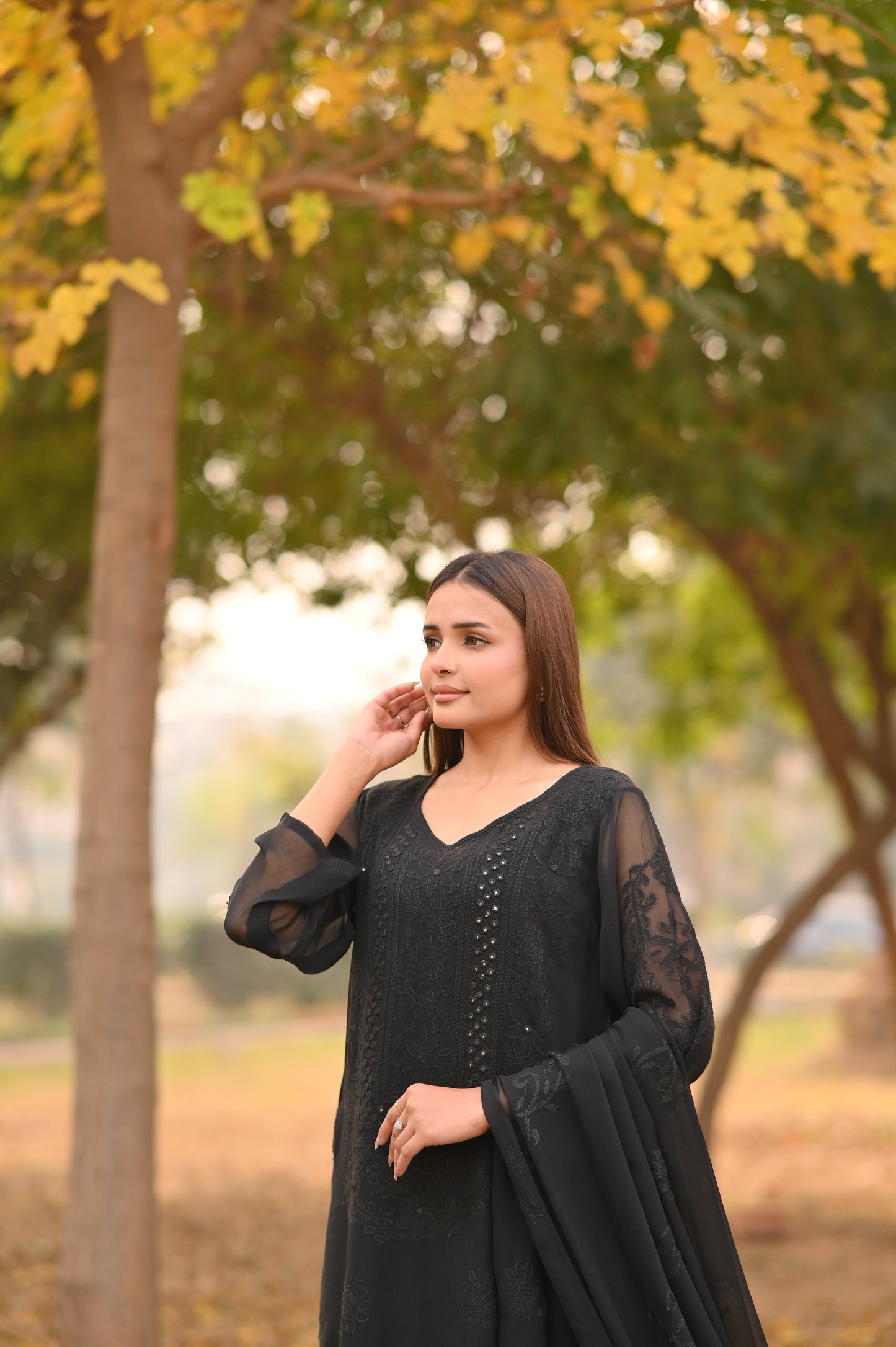 SABLE SCRIPT - Hand Embroidered Black Chiffon Long Shirt