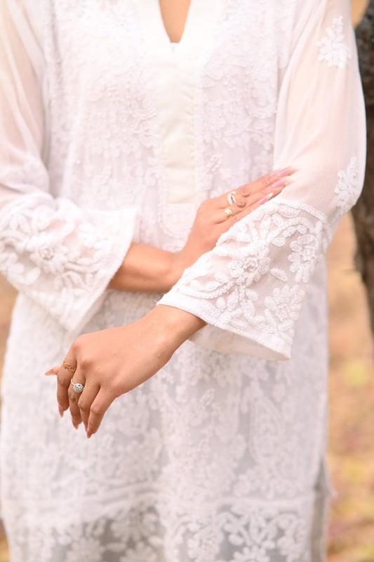 CHANDNI- Hand Embroidered White Chiffon Shirt