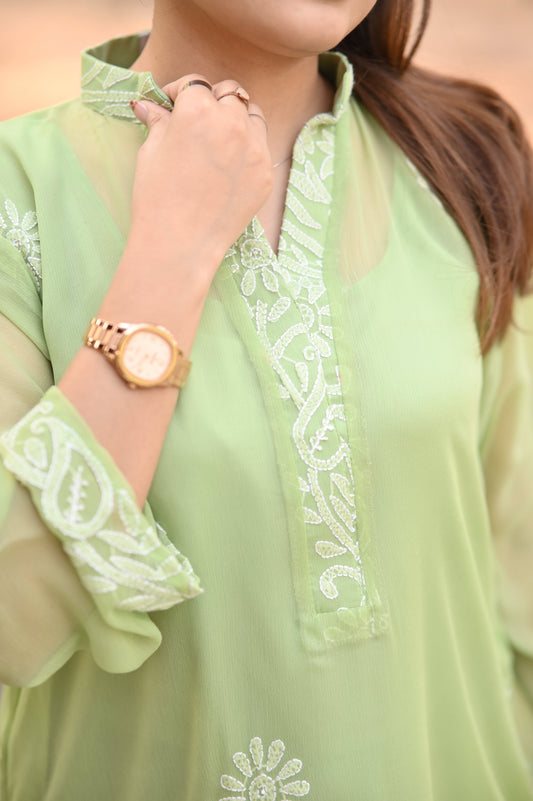HARRA - Hand Embroidered Green Chiffon Shirt