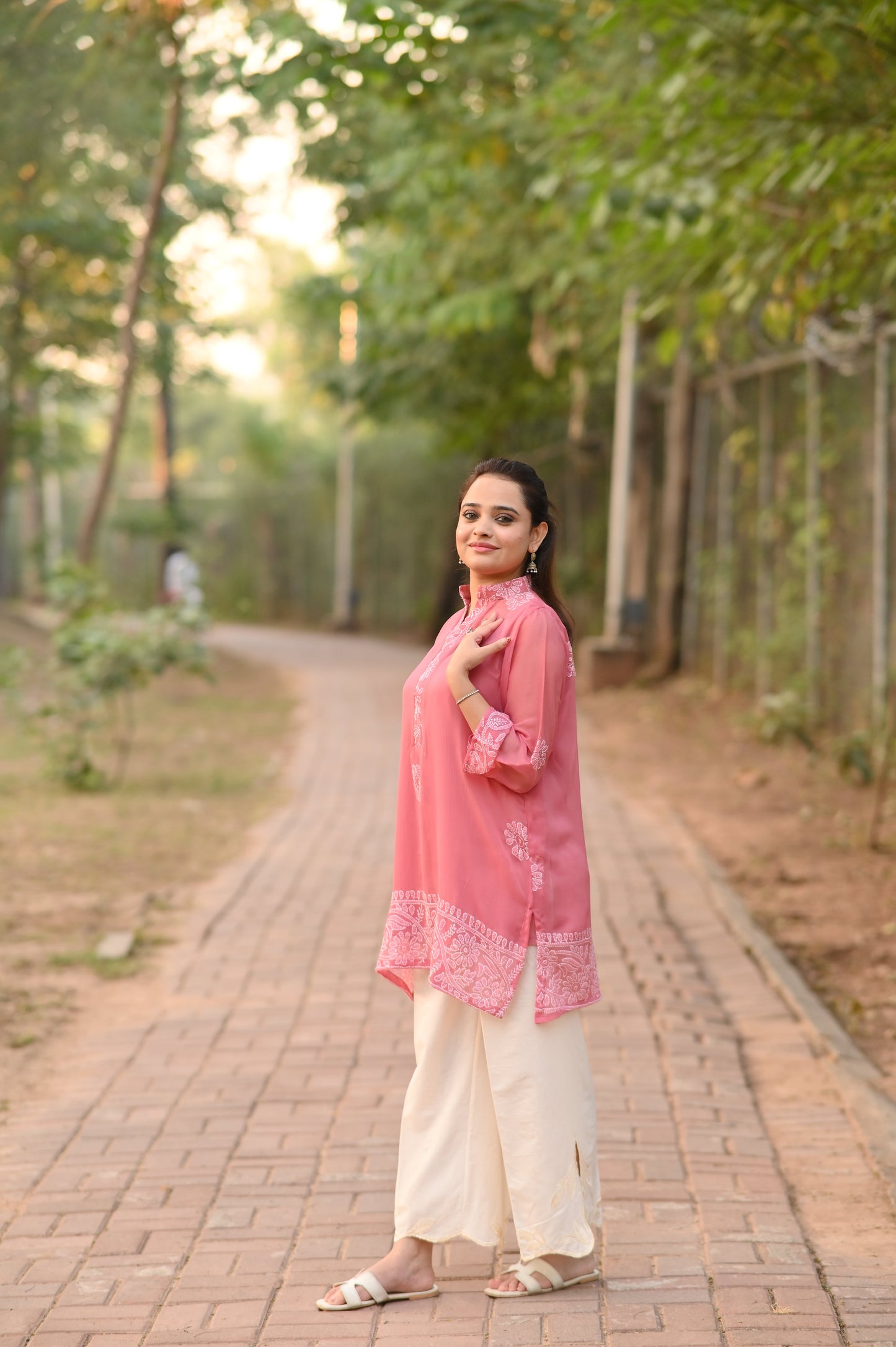 SHAFAQ - Hand Embroidered Pink Chiffon Shirt