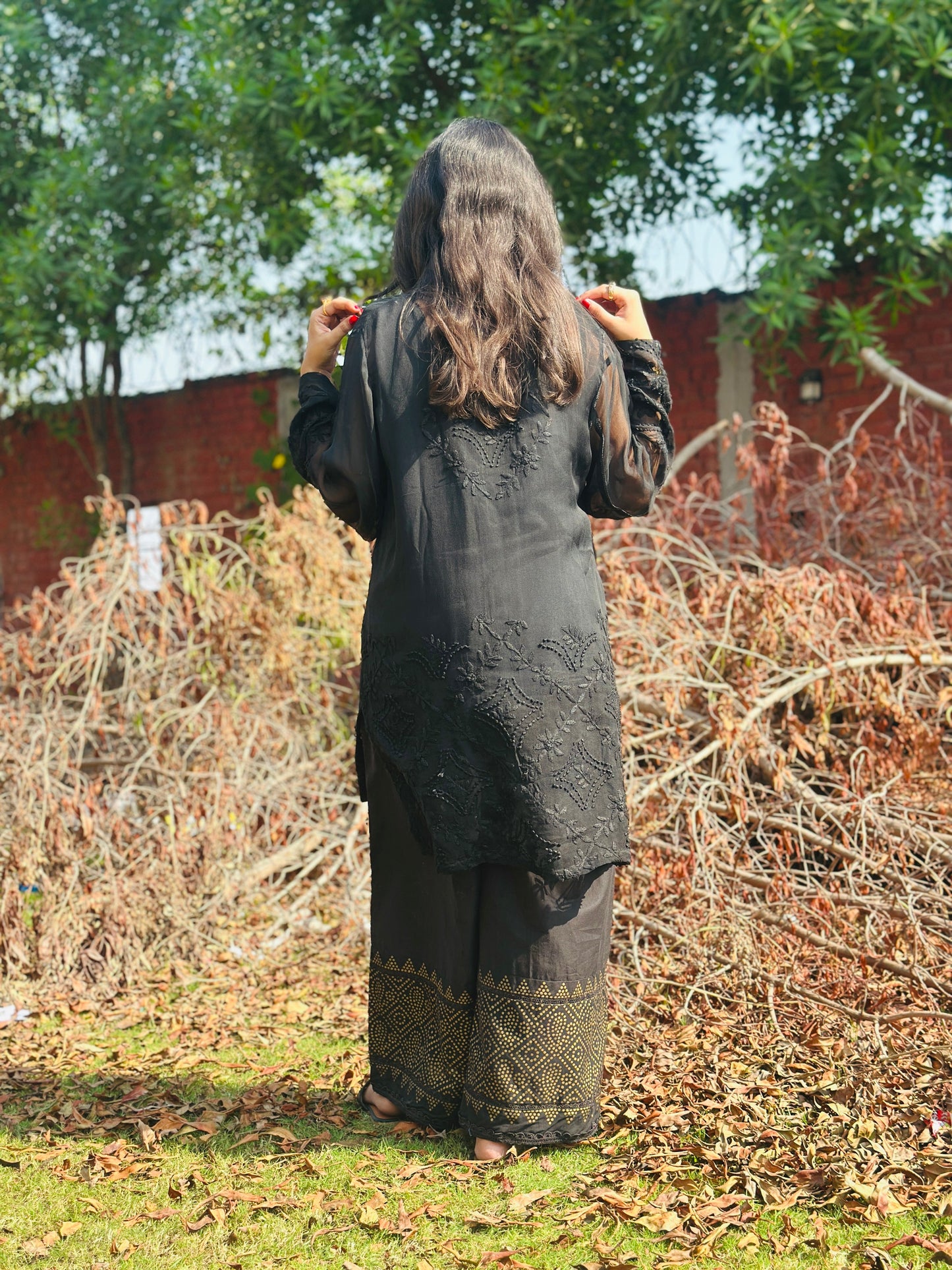 SIYYAH - Hand Embroidered Black Chiffon Shirt