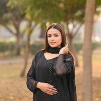 SABLE SCRIPT - Hand Embroidered Black Chiffon Long Shirt