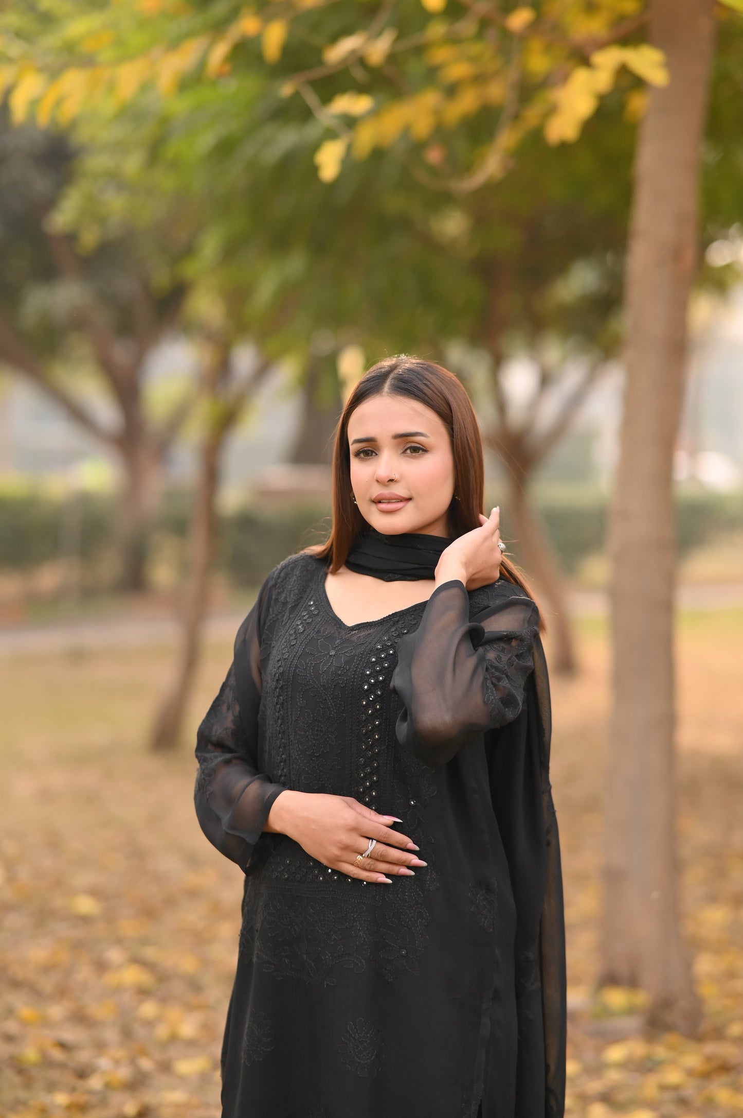 SABLE SCRIPT - Hand Embroidered Black Chiffon Long Shirt