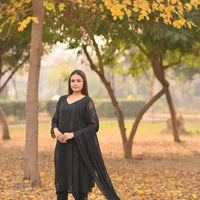 SABLE SCRIPT - Hand Embroidered Black Chiffon Long Shirt