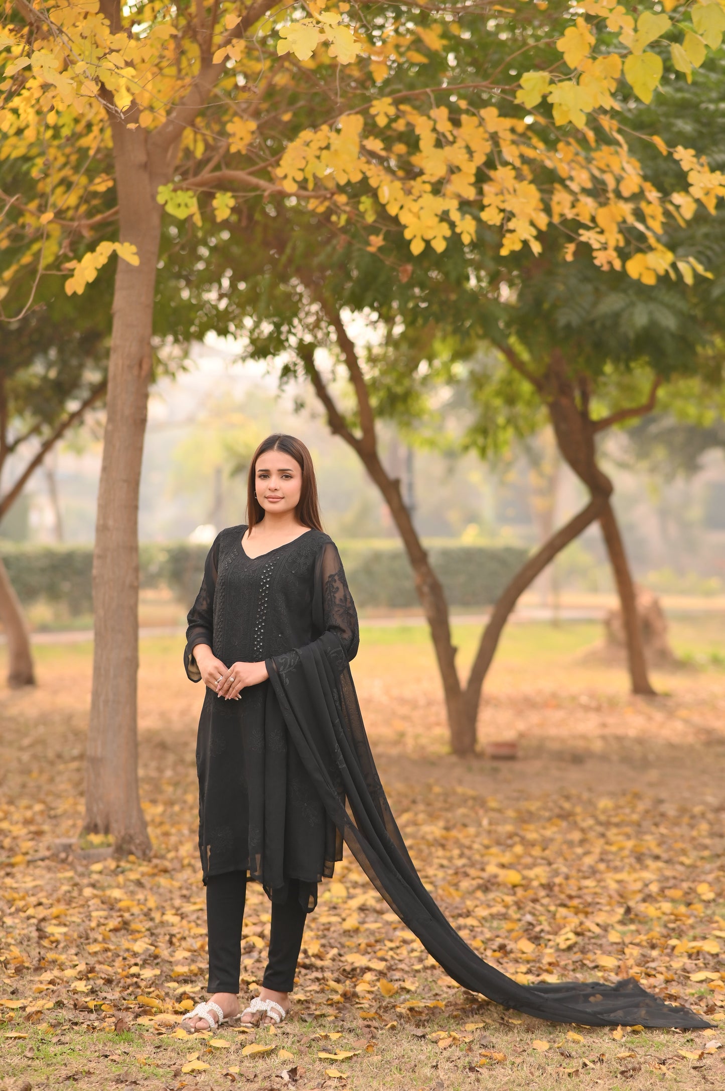 SABLE SCRIPT - Hand Embroidered Black Chiffon Long Shirt