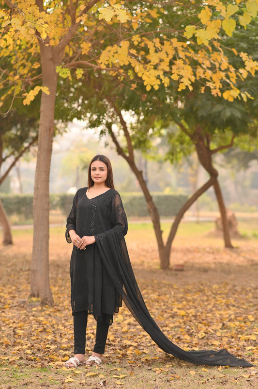 SABLE SCRIPT - Hand Embroidered Black Chiffon Long Shirt