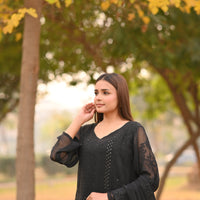 SABLE SCRIPT - Hand Embroidered Black Chiffon Long Shirt