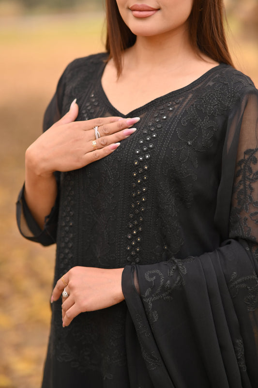 SABLE SCRIPT - Hand Embroidered Black Chiffon Long Shirt