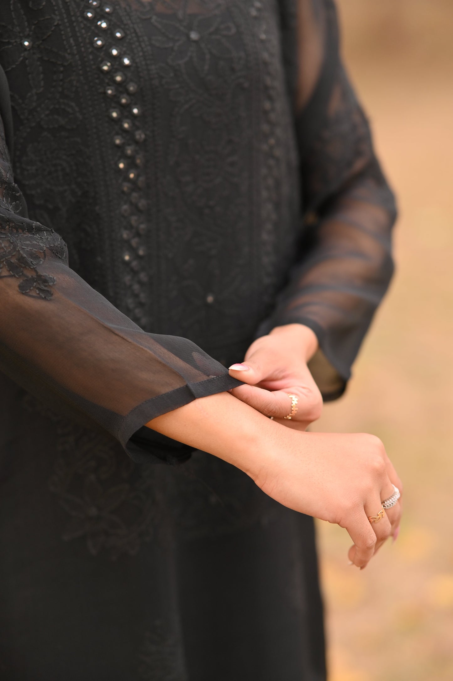 SABLE SCRIPT - Hand Embroidered Black Chiffon Long Shirt