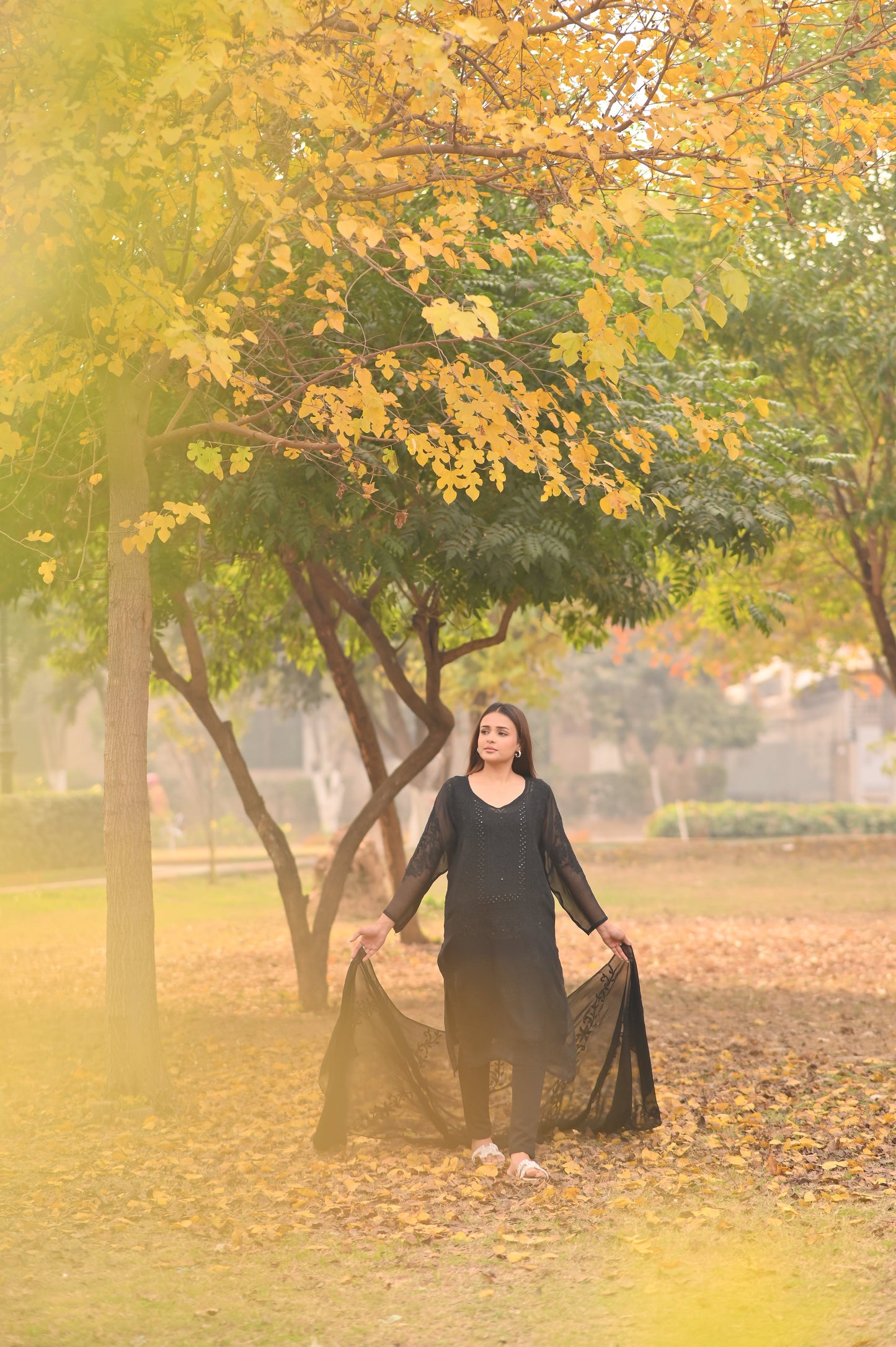SABLE SCRIPT - Hand Embroidered Black Chiffon Long Shirt