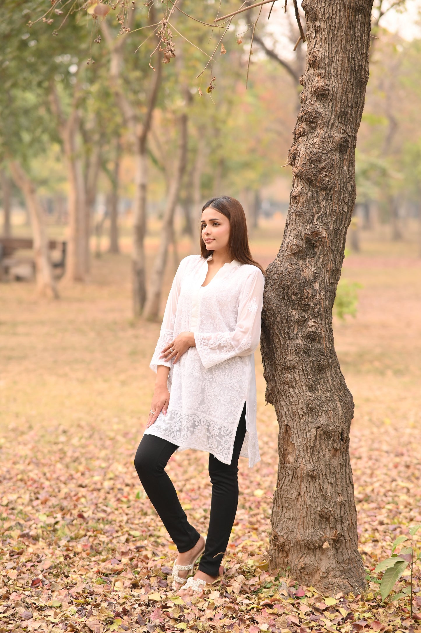CHANDNI- Hand Embroidered White Chiffon Shirt