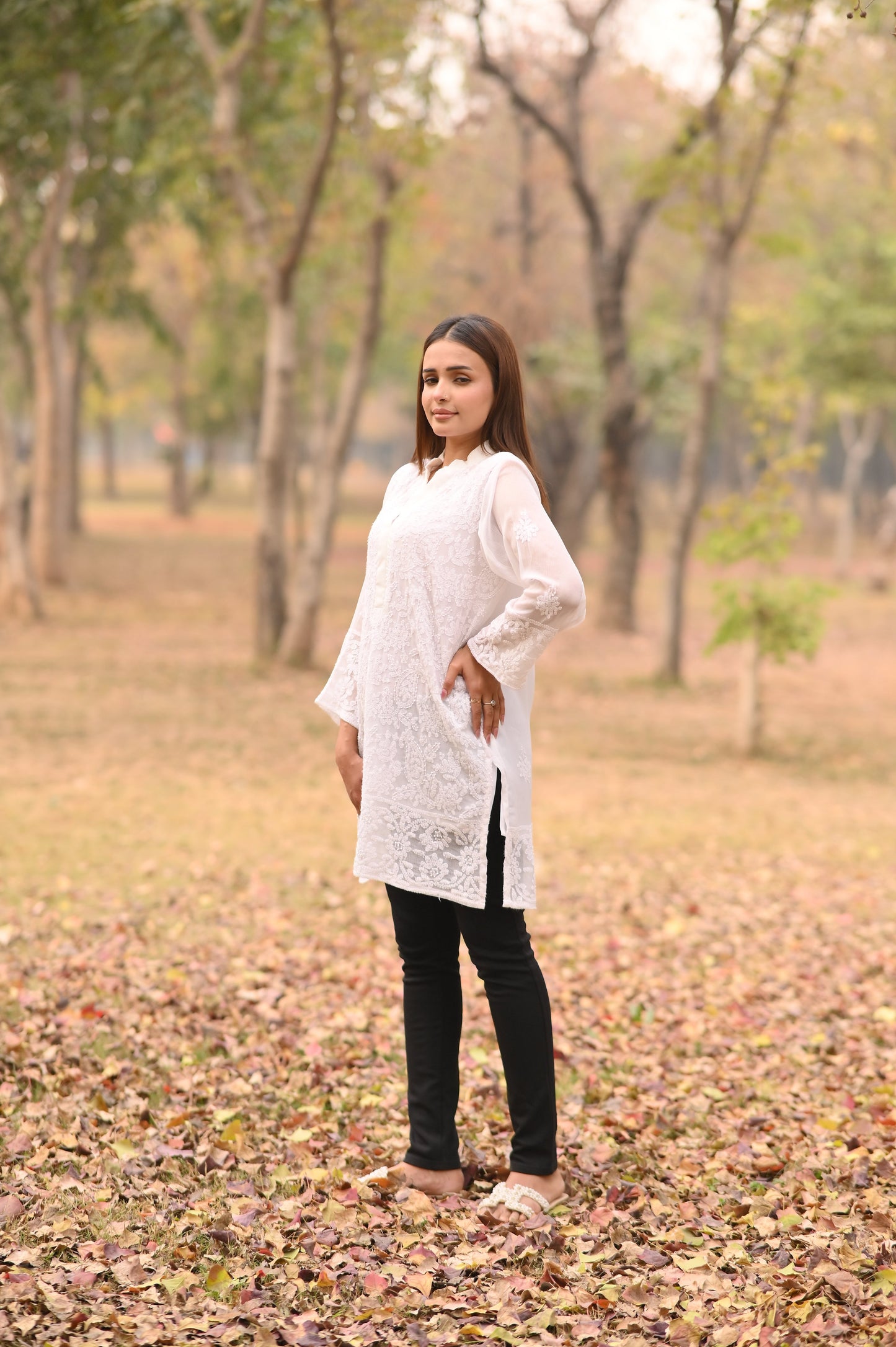 CHANDNI- Hand Embroidered White Chiffon Shirt
