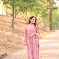 BLUSH BLOOM - Hand Embroidered Pink Chiffon Long Shirt