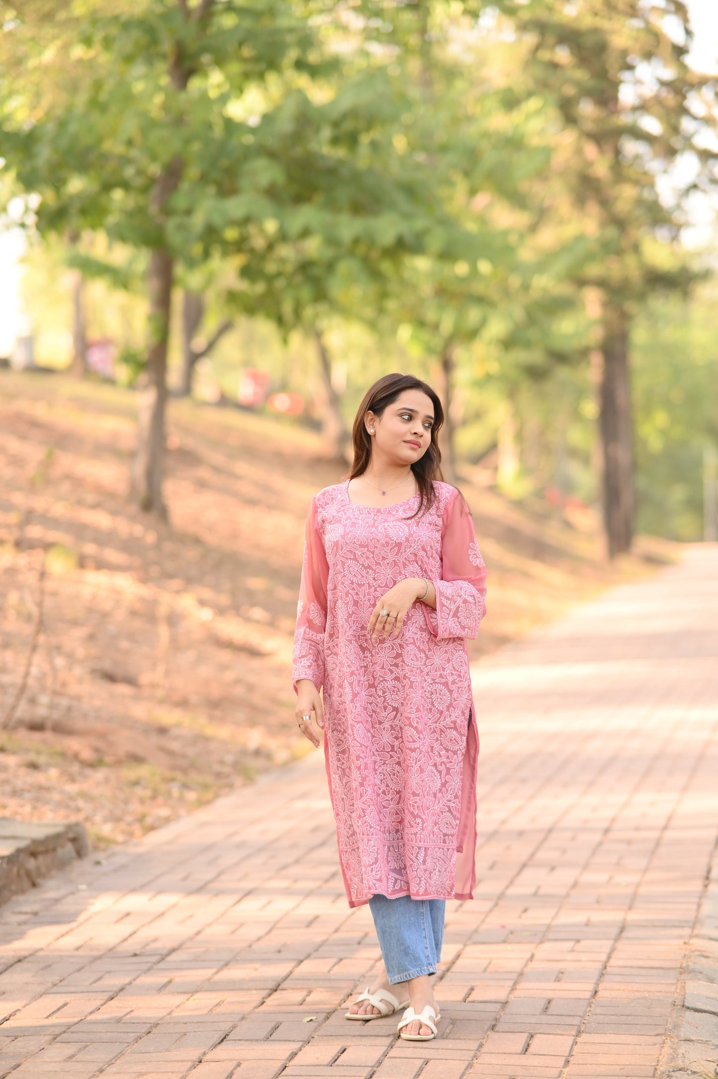 BLUSH BLOOM - Hand Embroidered Pink Chiffon Long Shirt