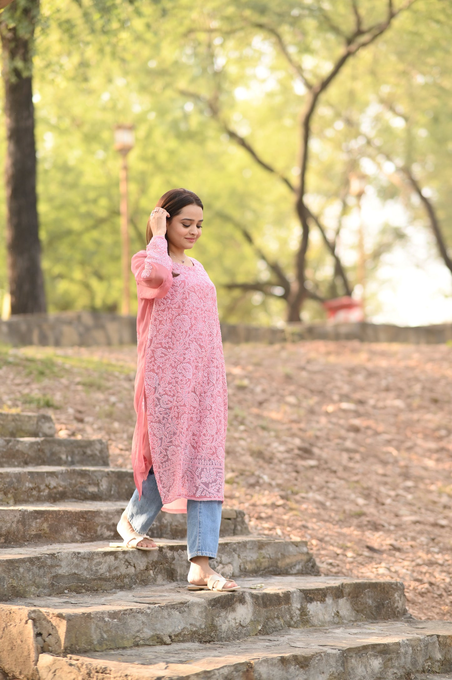 BLUSH BLOOM - Hand Embroidered Pink Chiffon Long Shirt