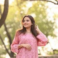 BLUSH BLOOM - Hand Embroidered Pink Chiffon Long Shirt