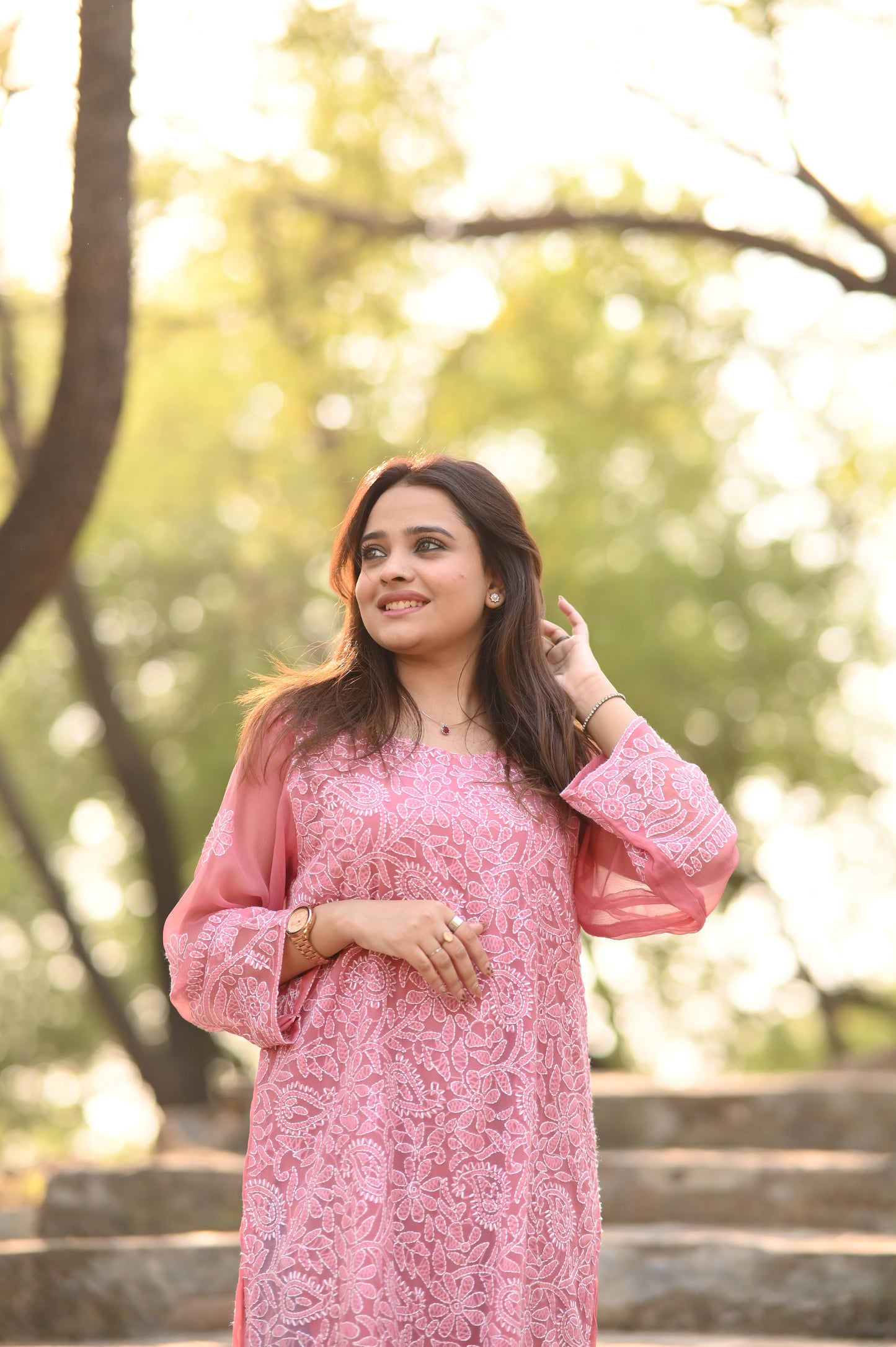 BLUSH BLOOM - Hand Embroidered Pink Chiffon Long Shirt