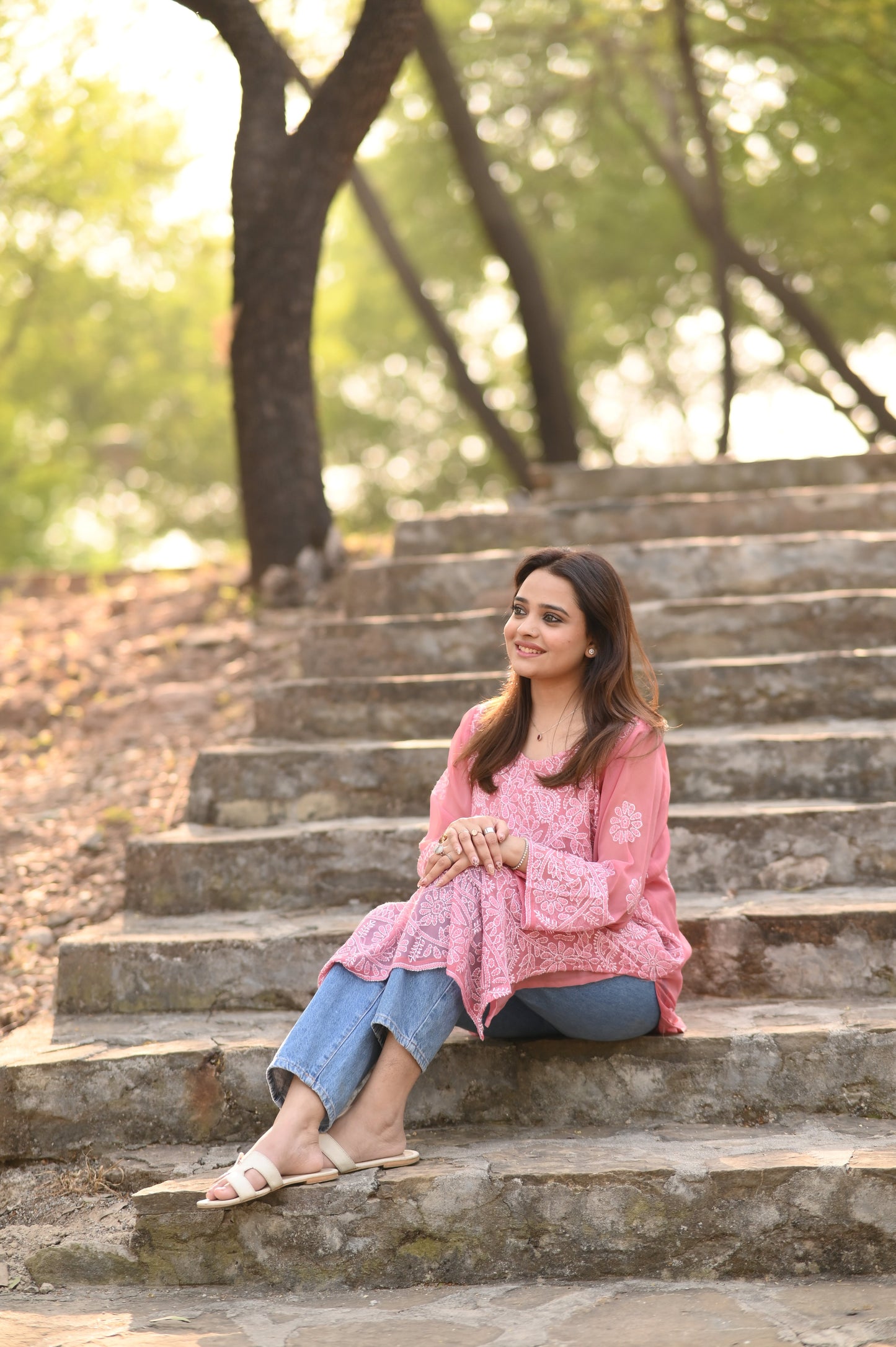 BLUSH BLOOM - Hand Embroidered Pink Chiffon Long Shirt