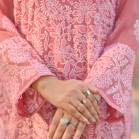BLUSH BLOOM - Hand Embroidered Pink Chiffon Long Shirt