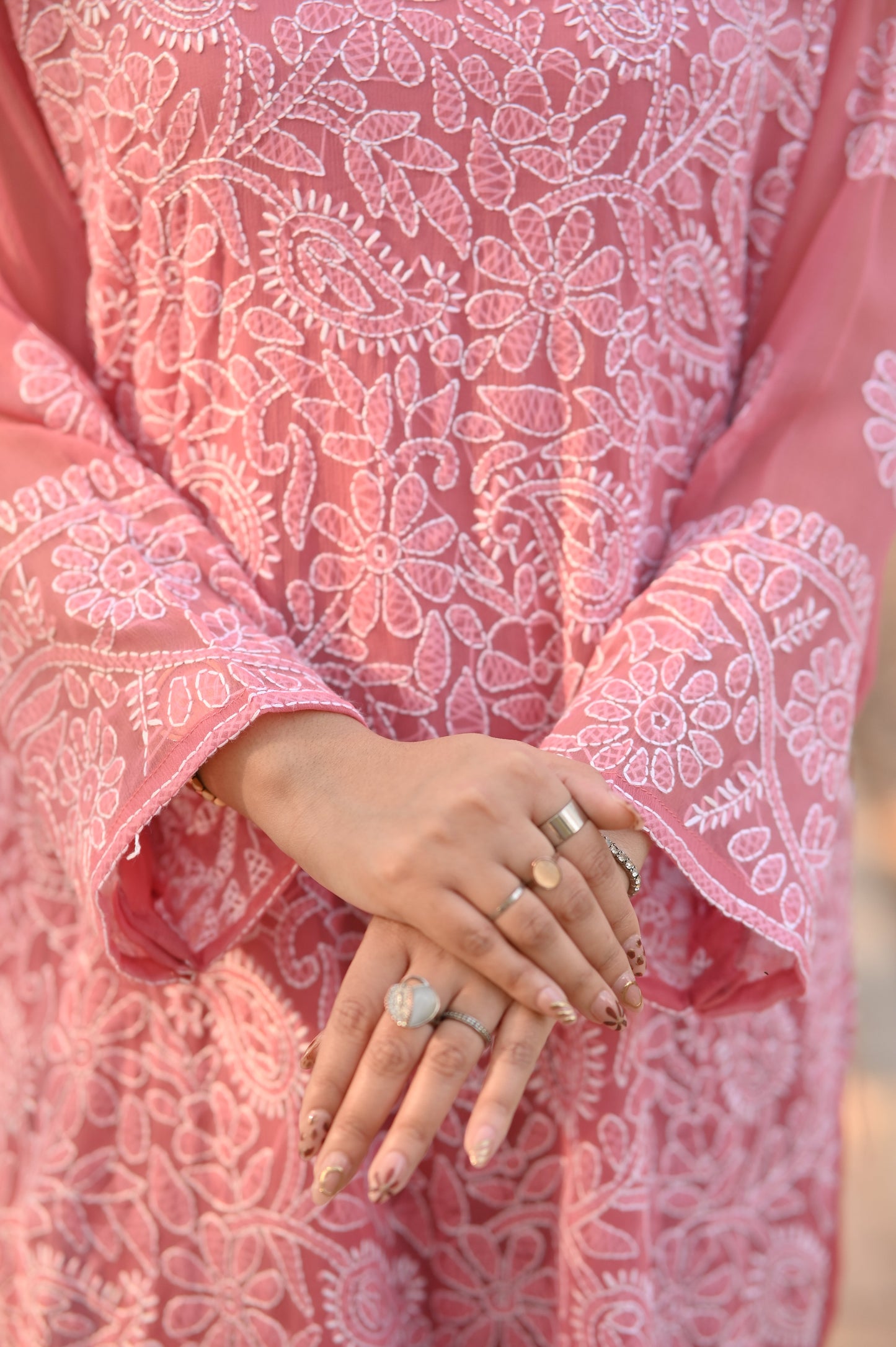 BLUSH BLOOM - Hand Embroidered Pink Chiffon Long Shirt