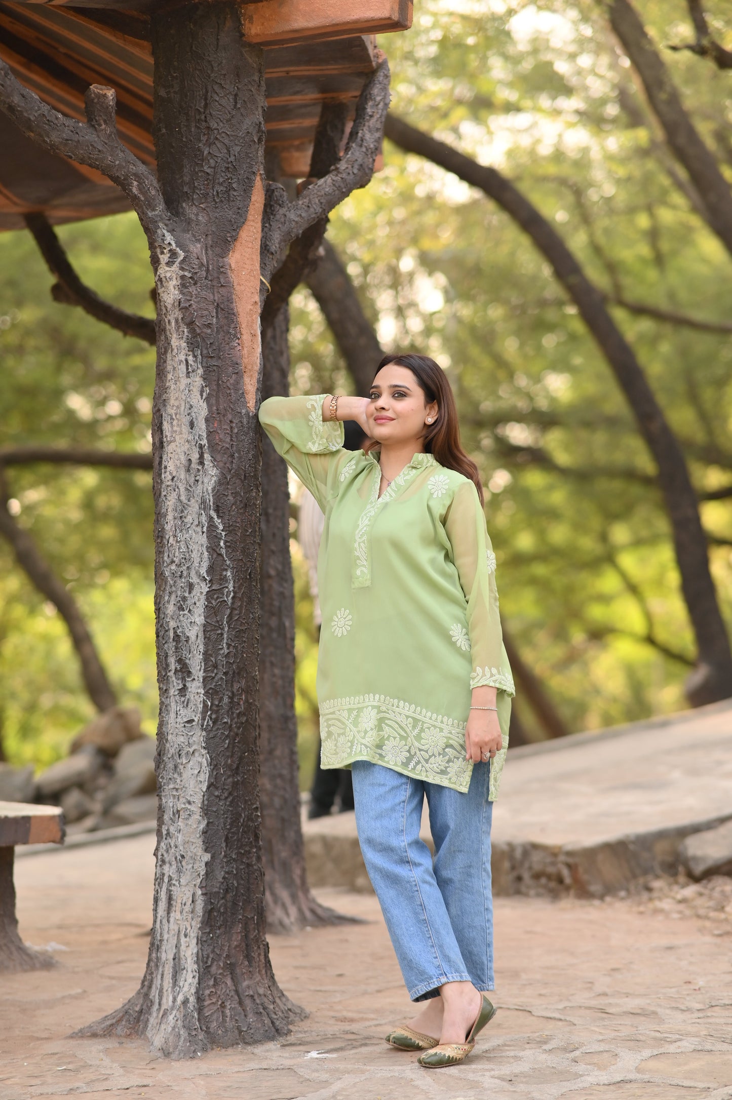HARRA - Hand Embroidered Green Chiffon Shirt