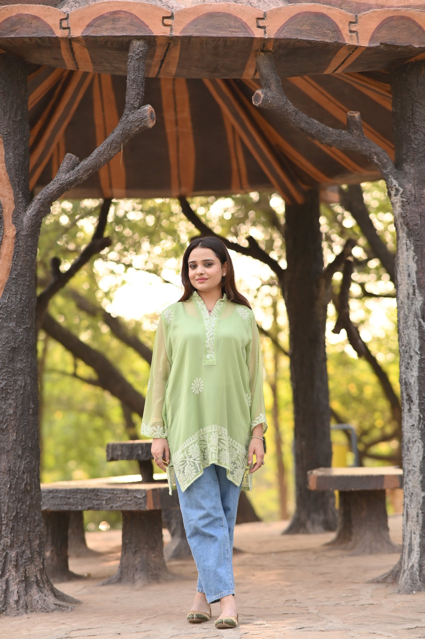 HARRA - Hand Embroidered Green Chiffon Shirt