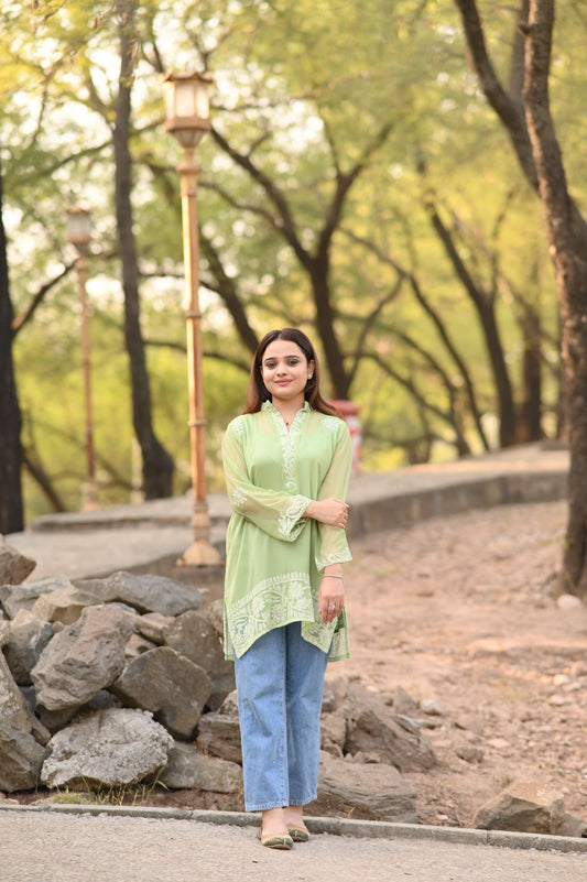 HARRA - Hand Embroidered Green Chiffon Shirt