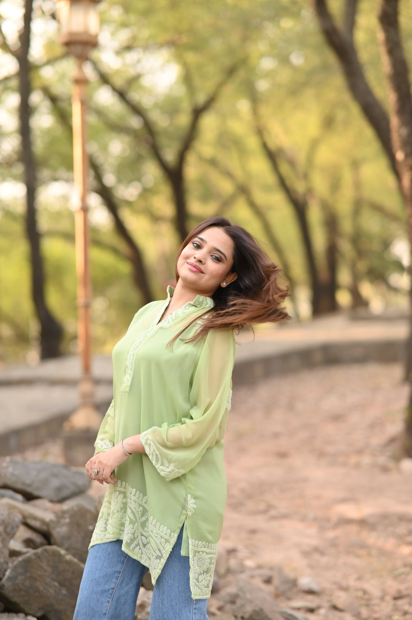HARRA - Hand Embroidered Green Chiffon Shirt