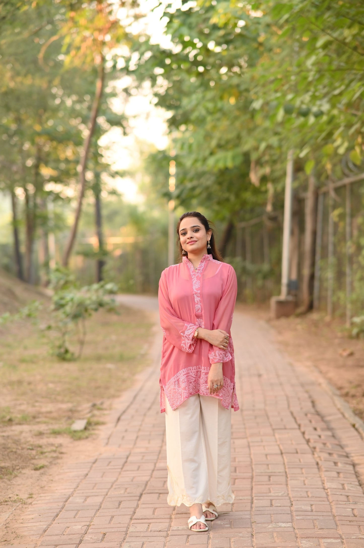 SHAFAQ - Hand Embroidered Pink Chiffon Shirt