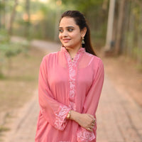 SHAFAQ - Hand Embroidered Pink Chiffon Shirt