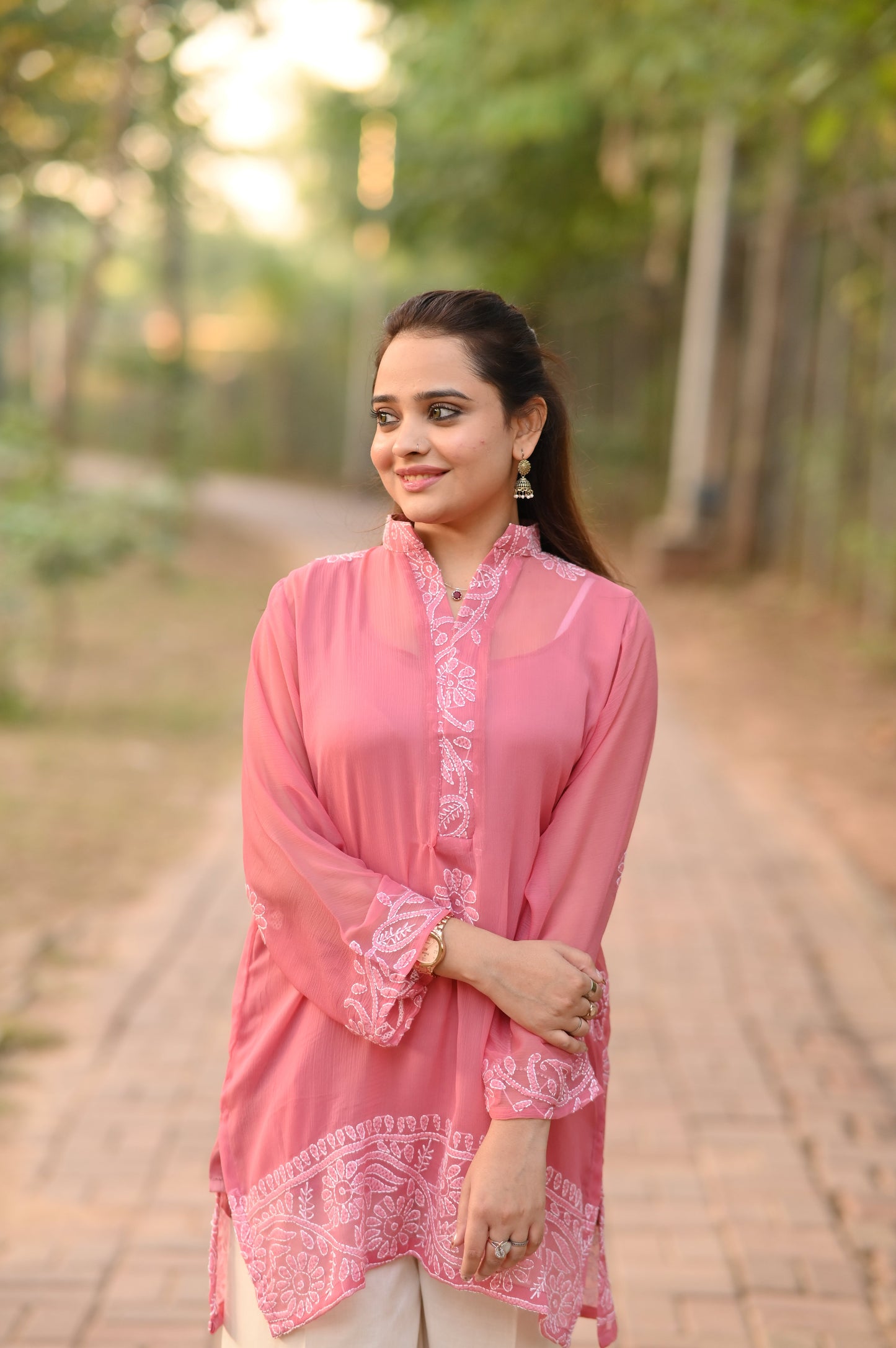 SHAFAQ - Hand Embroidered Pink Chiffon Shirt