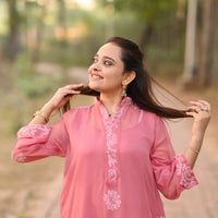 SHAFAQ - Hand Embroidered Pink Chiffon Shirt