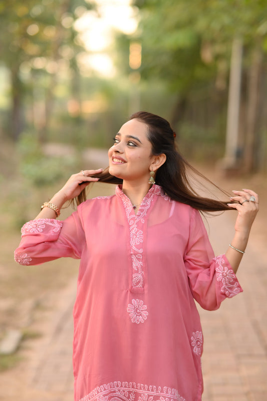 SHAFAQ - Hand Embroidered Pink Chiffon Shirt