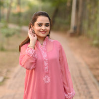 SHAFAQ - Hand Embroidered Pink Chiffon Shirt