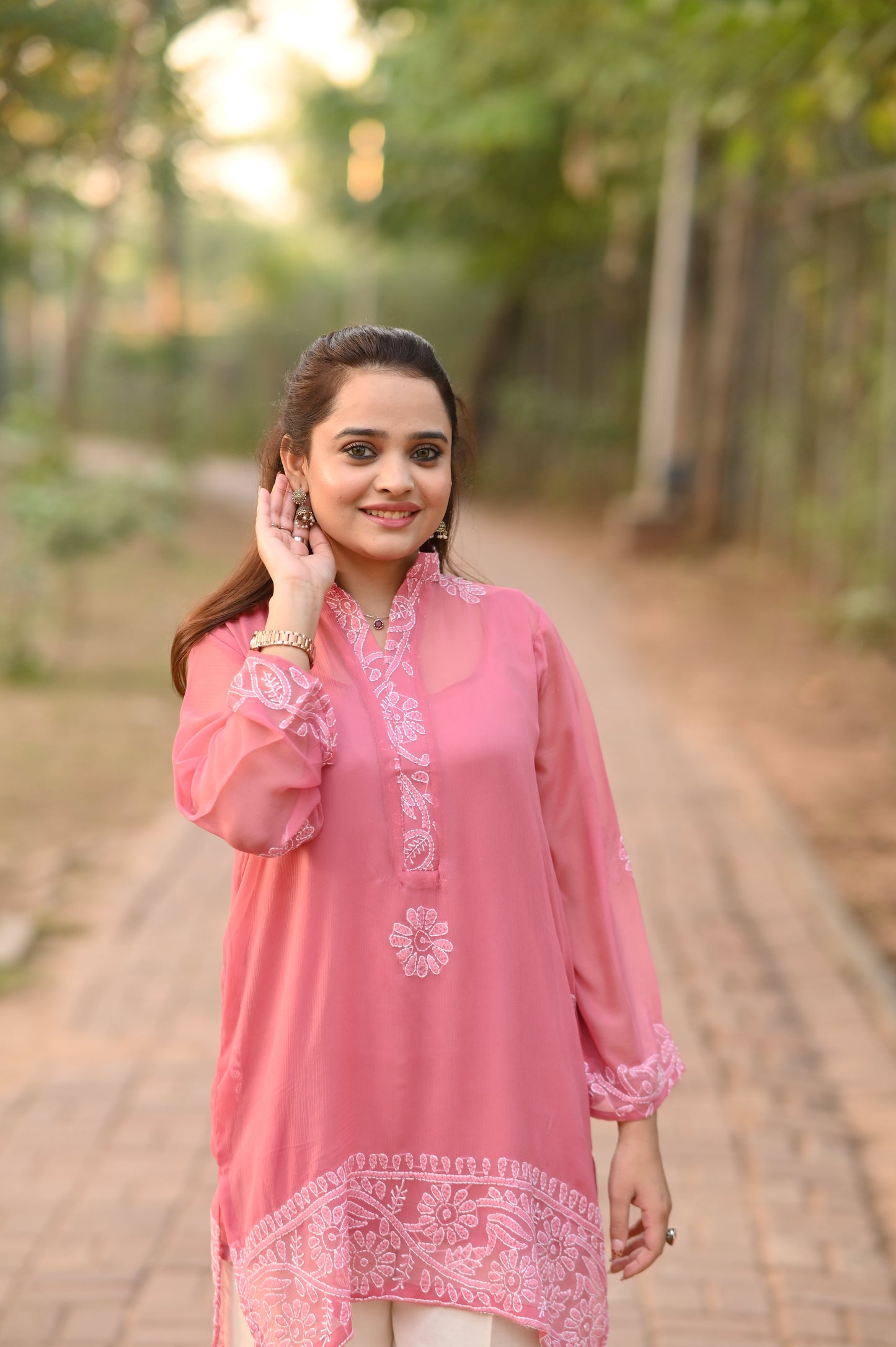 SHAFAQ - Hand Embroidered Pink Chiffon Shirt