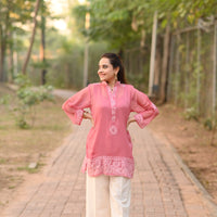 SHAFAQ - Hand Embroidered Pink Chiffon Shirt