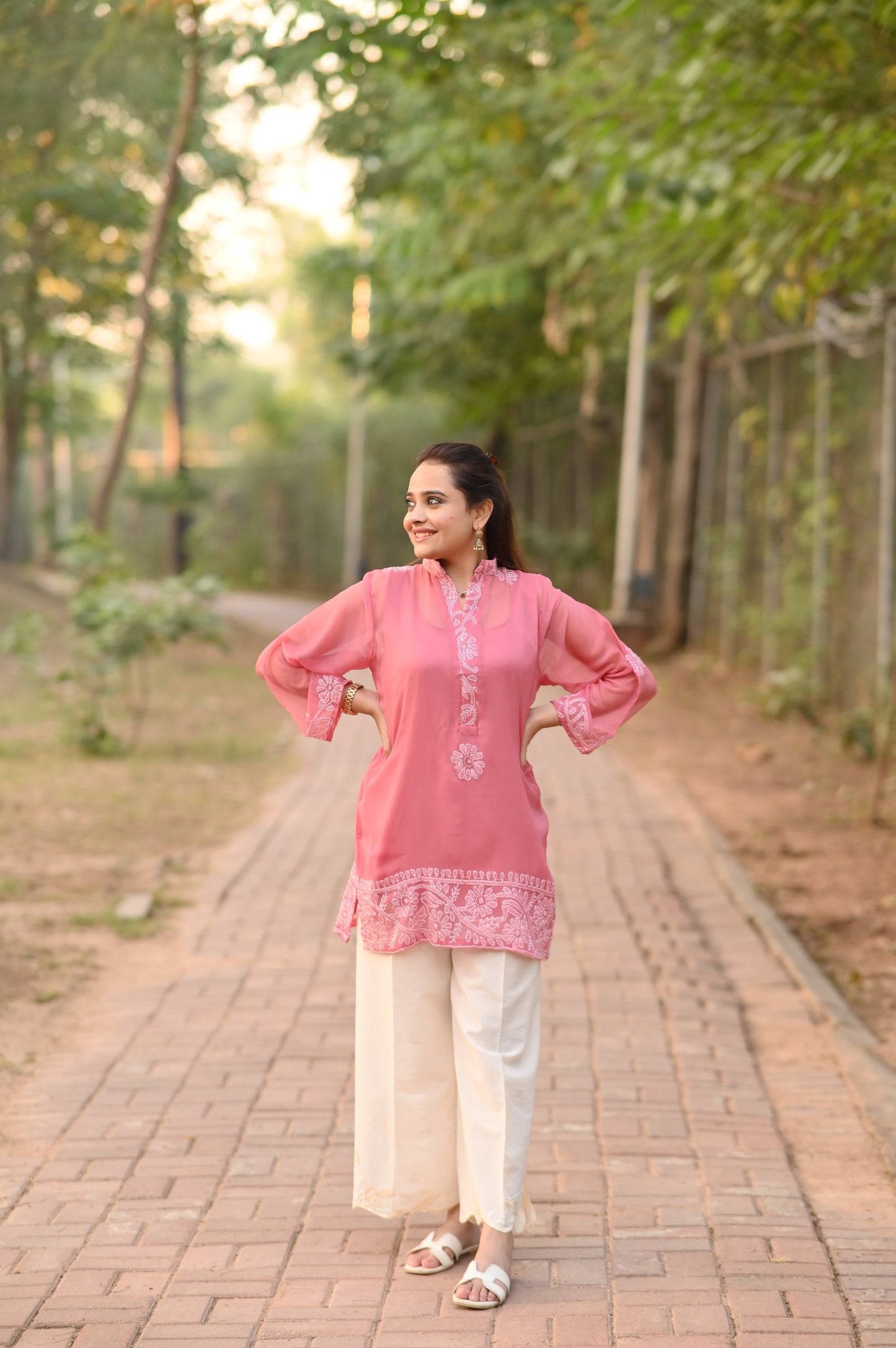 SHAFAQ - Hand Embroidered Pink Chiffon Shirt