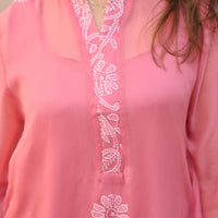 SHAFAQ - Hand Embroidered Pink Chiffon Shirt