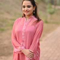 SHAFAQ - Hand Embroidered Pink Chiffon Shirt