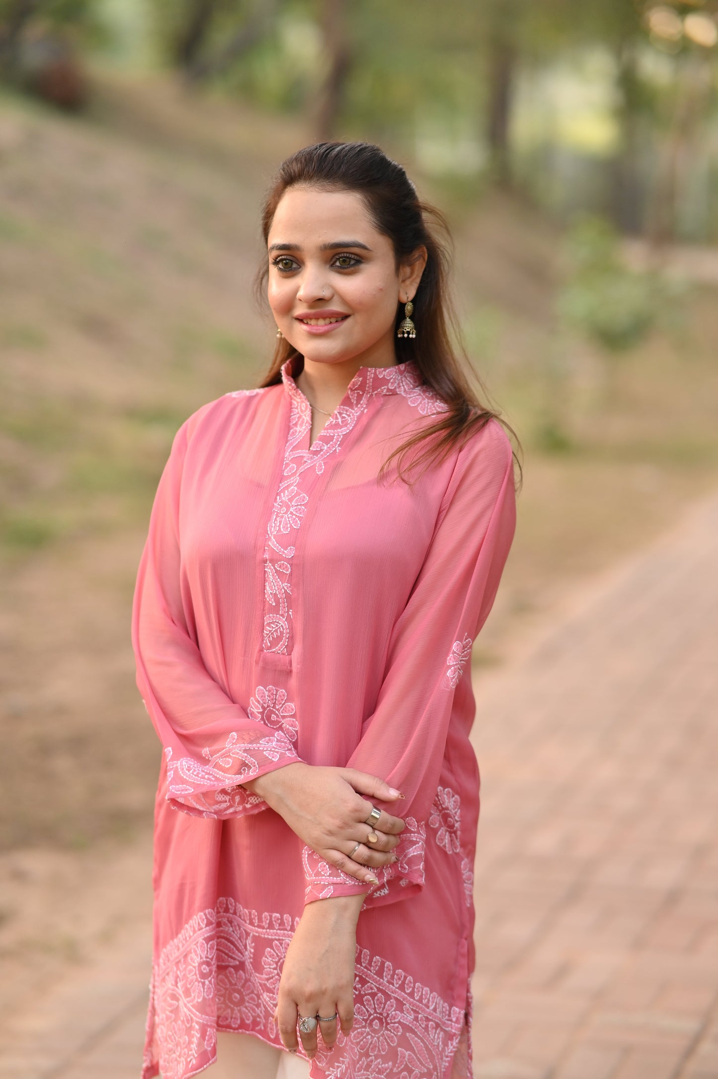 SHAFAQ - Hand Embroidered Pink Chiffon Shirt