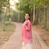 SHAFAQ - Hand Embroidered Pink Chiffon Shirt