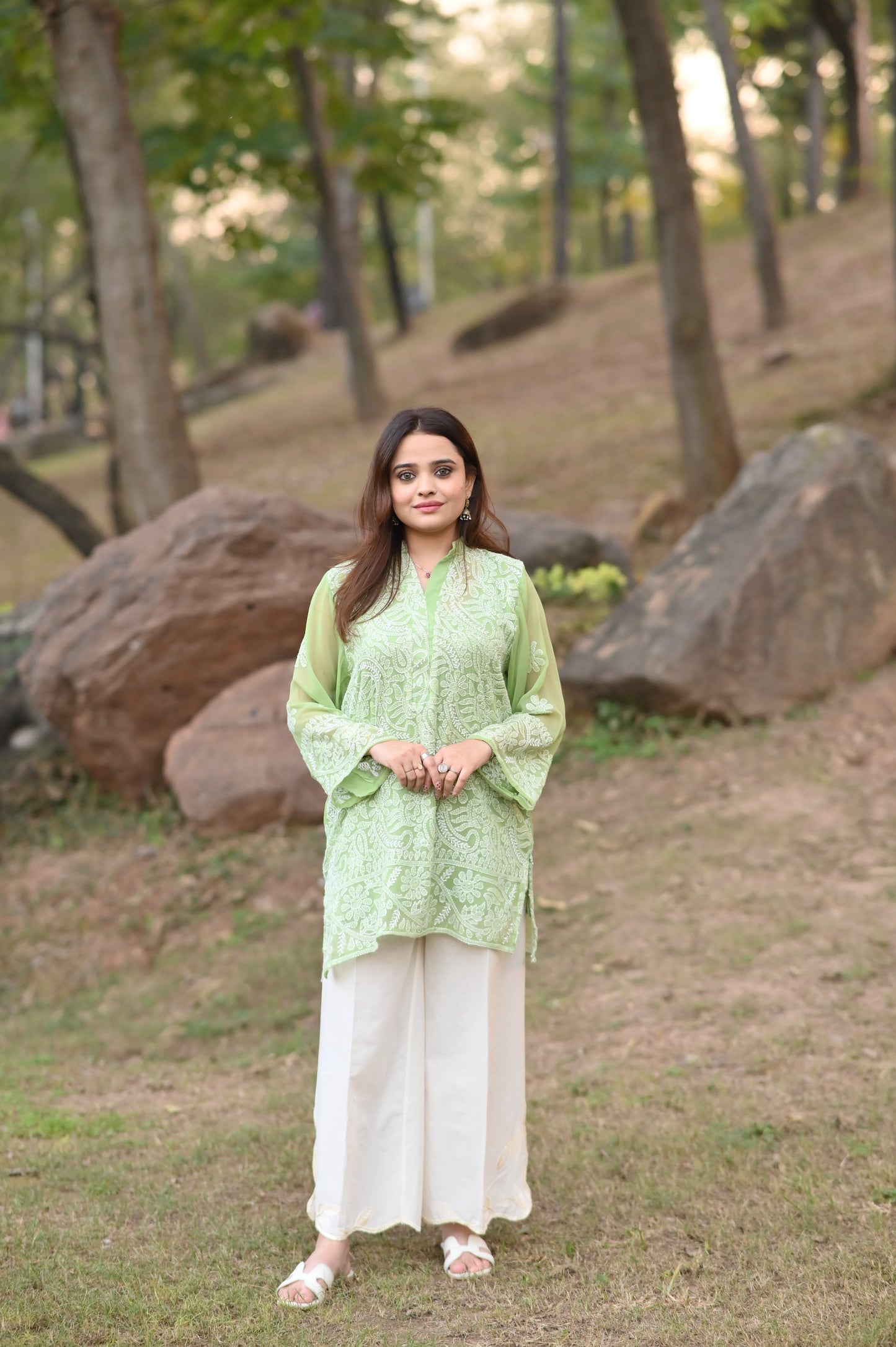 HARRA BHARRA - Hand Embroidered Green Chiffon Shirt