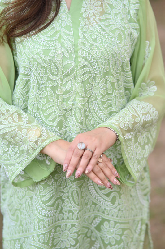 HARRA BHARRA - Hand Embroidered Green Chiffon Shirt