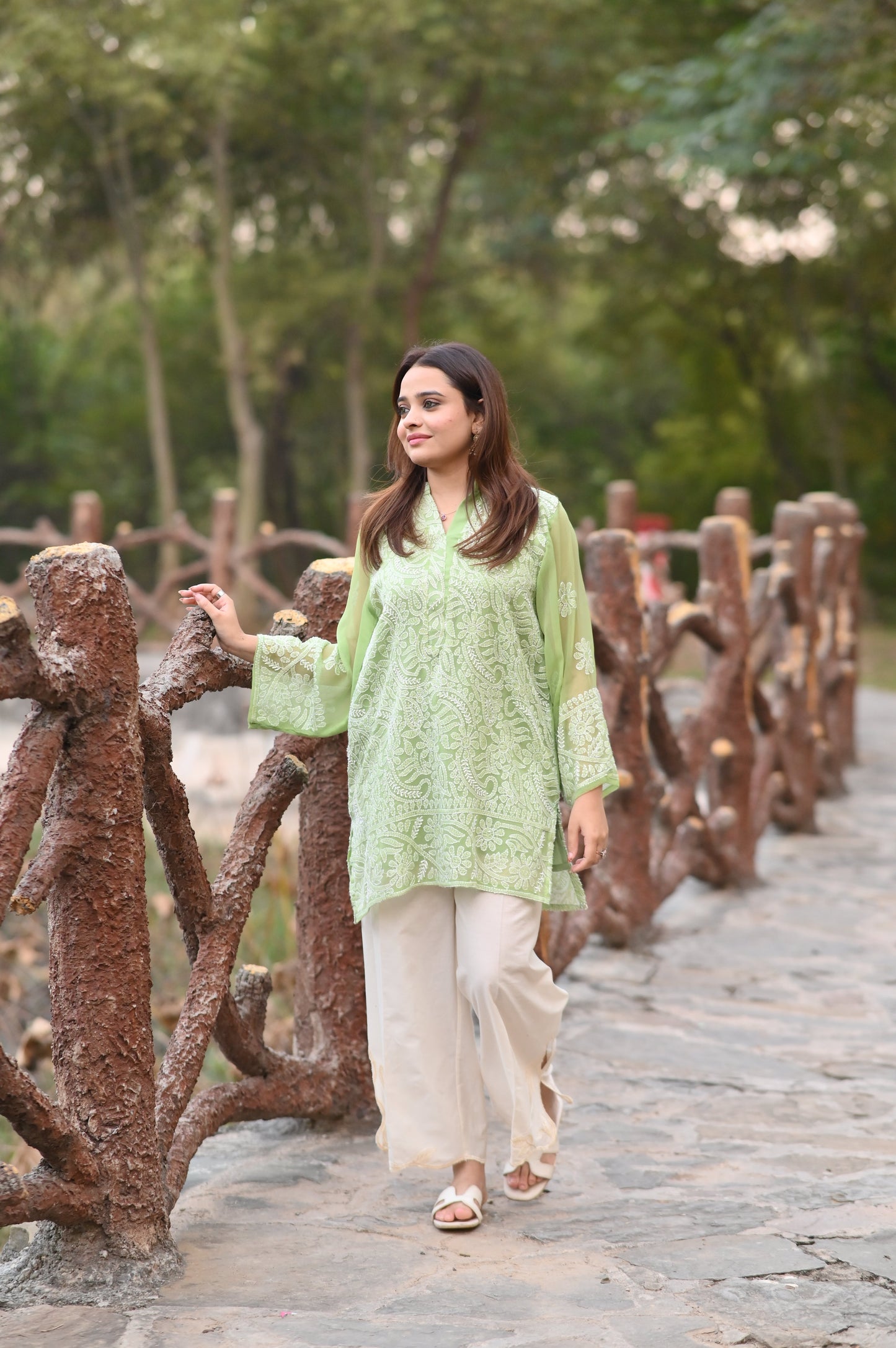 HARRA BHARRA - Hand Embroidered Green Chiffon Shirt
