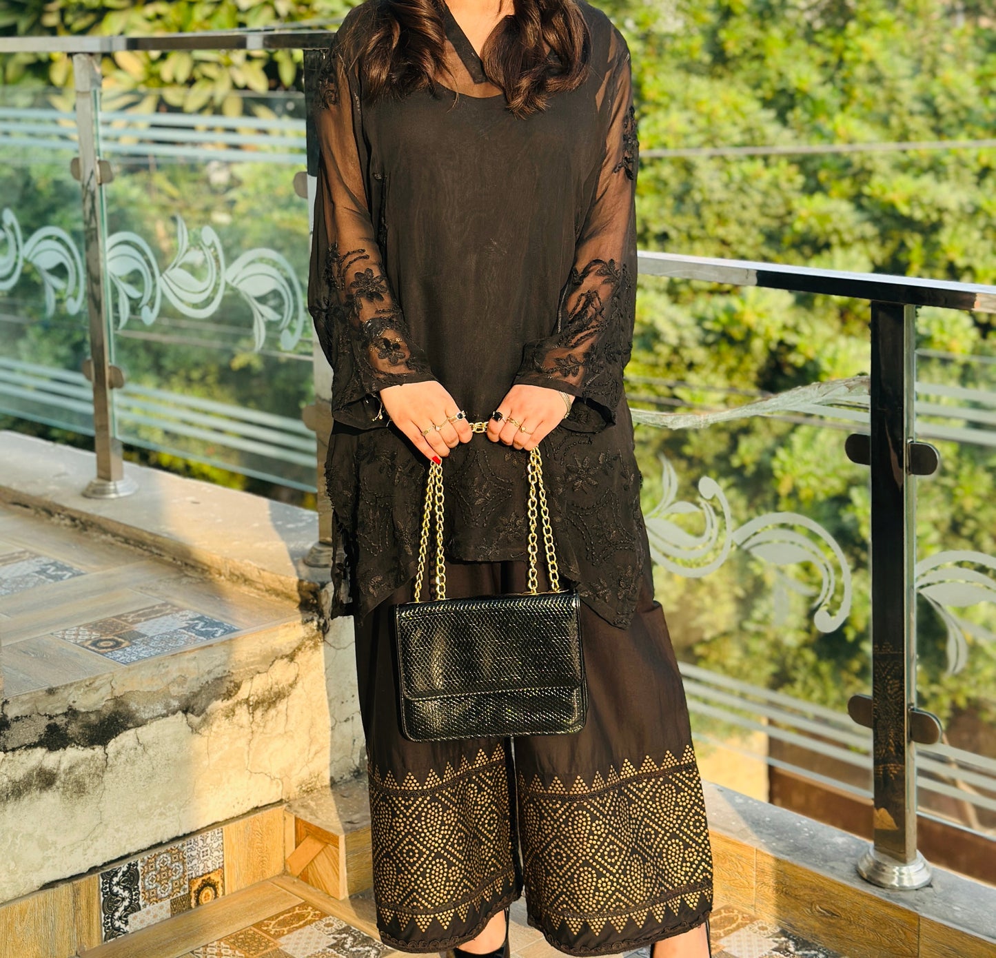 SIYYAH - Hand Embroidered Black Chiffon Shirt