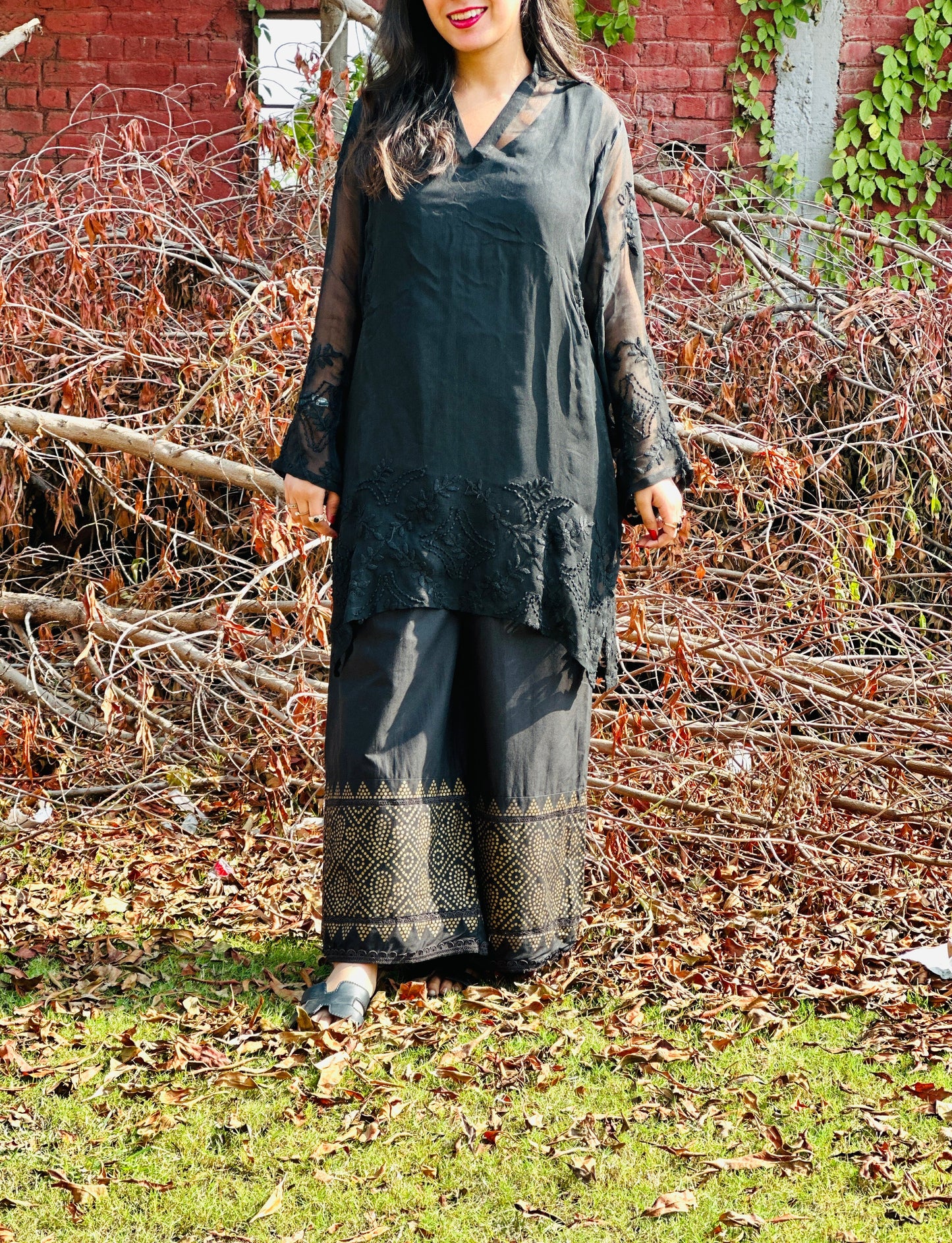 SIYYAH - Hand Embroidered Black Chiffon Shirt