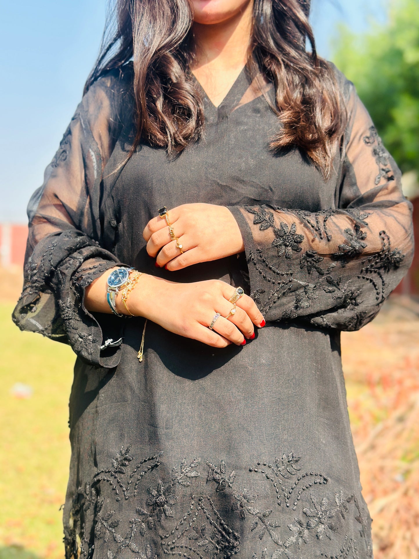 SIYYAH - Hand Embroidered Black Chiffon Shirt