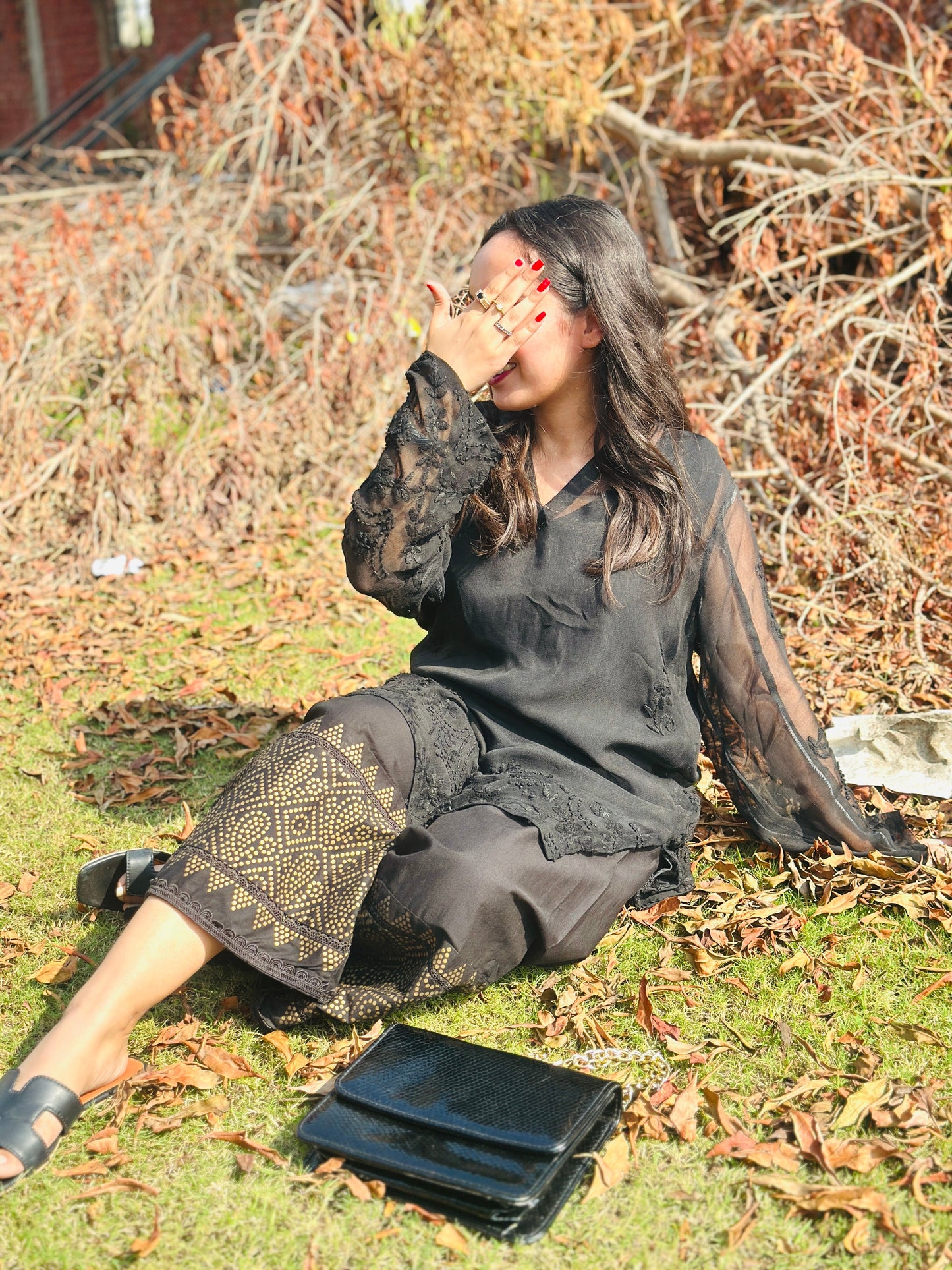 SIYYAH - Hand Embroidered Black Chiffon Shirt