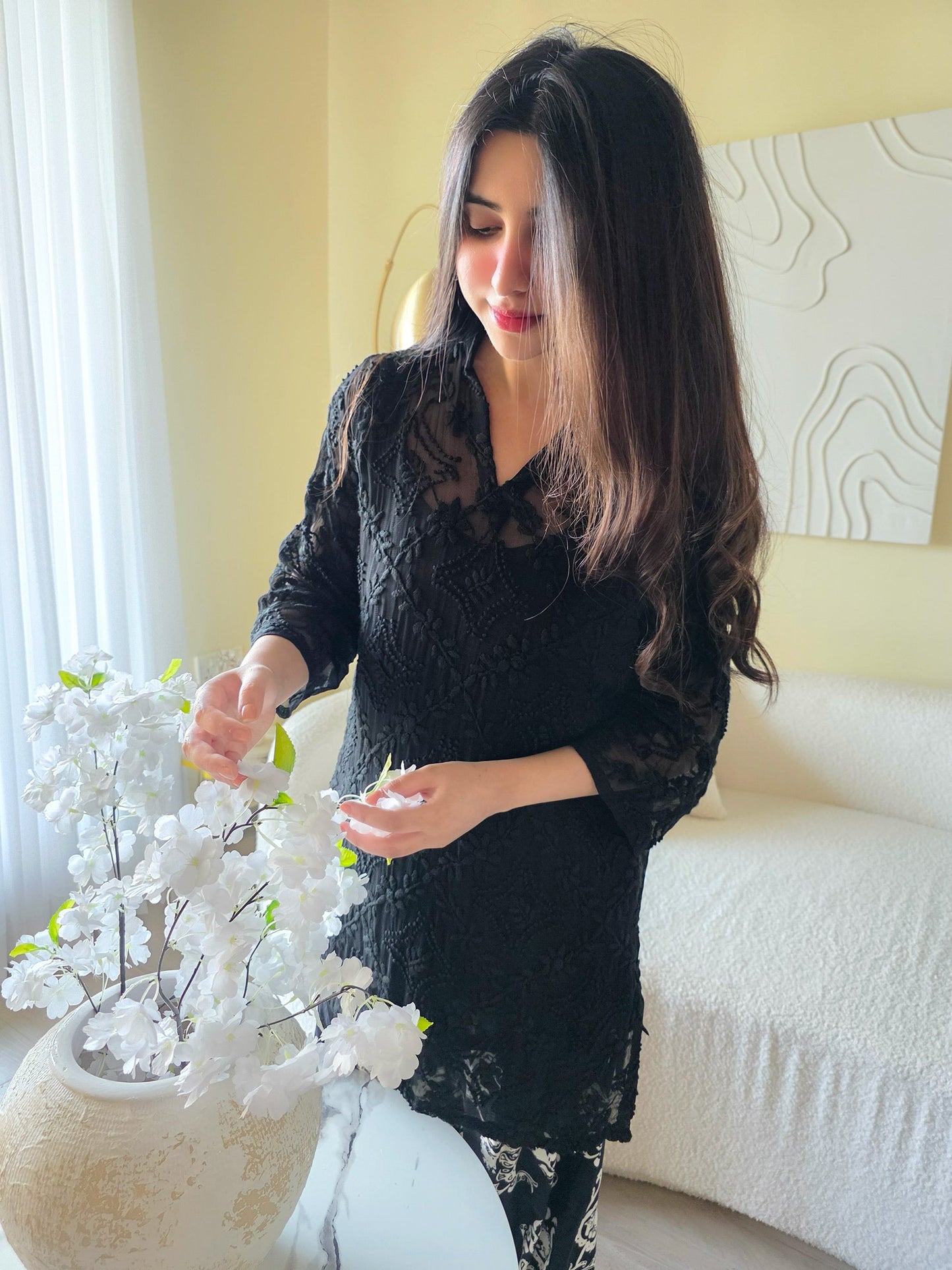 SHAB - Hand Embroidered Black Chiffon Shirt